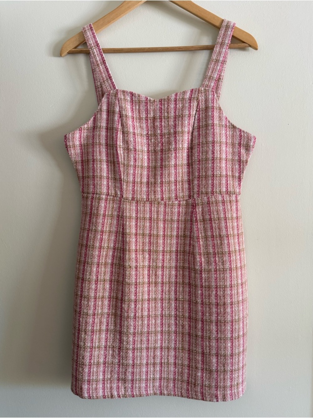 Pink Plaid Tweed Mini Dress Sweetheart Neckline Preppy Cottagecore Coquette LG